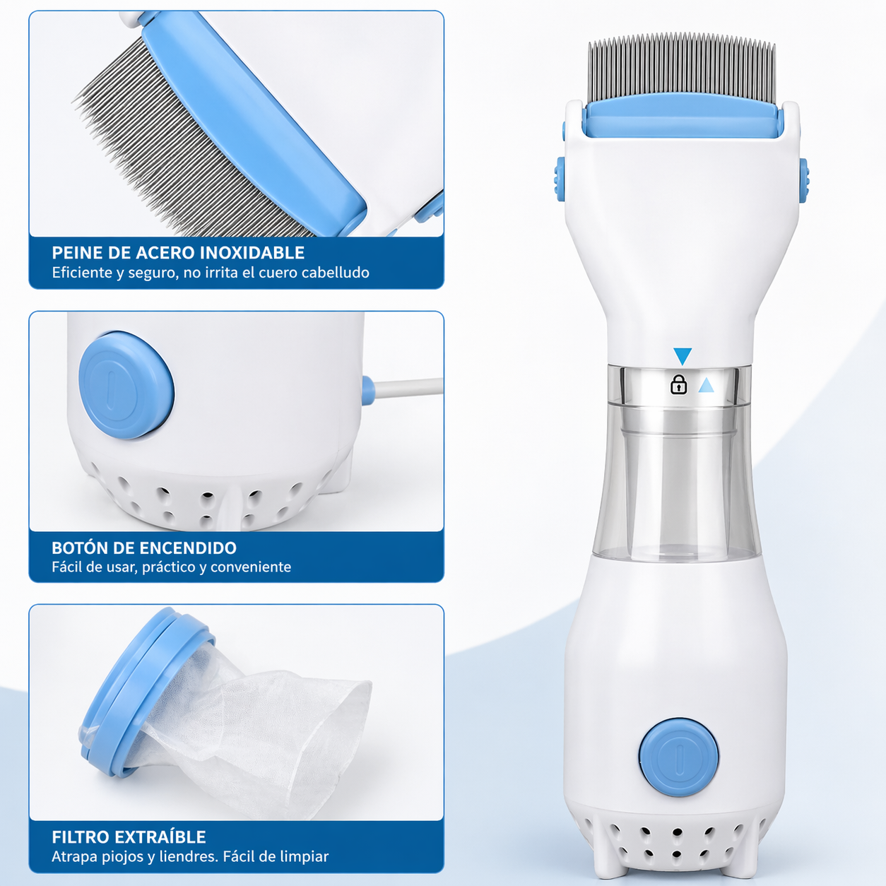 Peine Eléctrico Aspirador Antipiojos – Extrae piojos y liendres sin químicos – Ayuda a limpiar el cabello desde el primer uso