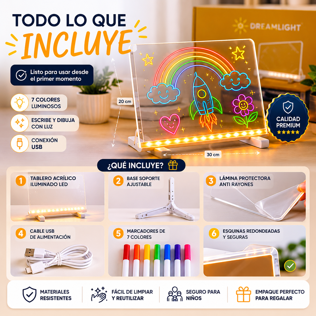 Tablero Acrílico DreamLight™ – Escribe y Dibuja con Luz – Convierte cualquier espacio en un rincón creativo y único