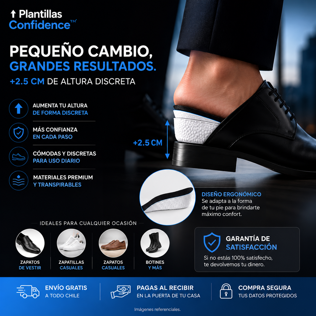 Plantillas Confidence™ Aumentan tu altura de forma discreta • Gana presencia y confianza desde el primer uso.