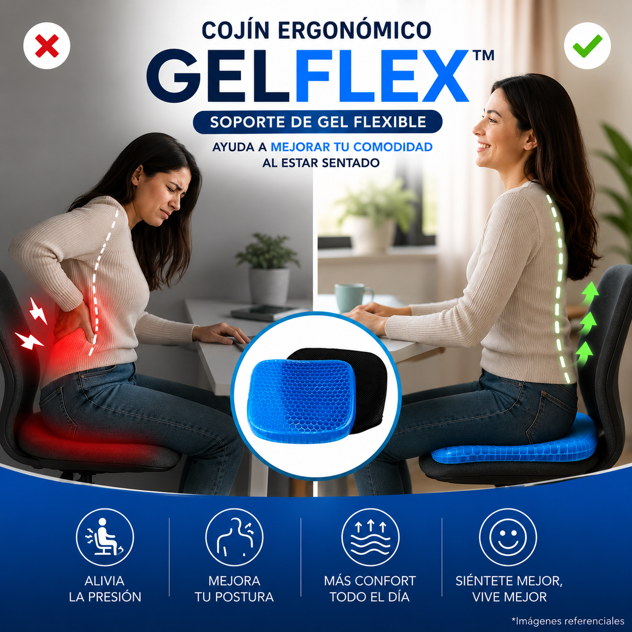 Cojín Ergonómico GelFlex™ – Soporte de Gel Flexible – Ayuda a mejorar tu comodidad al estar sentado