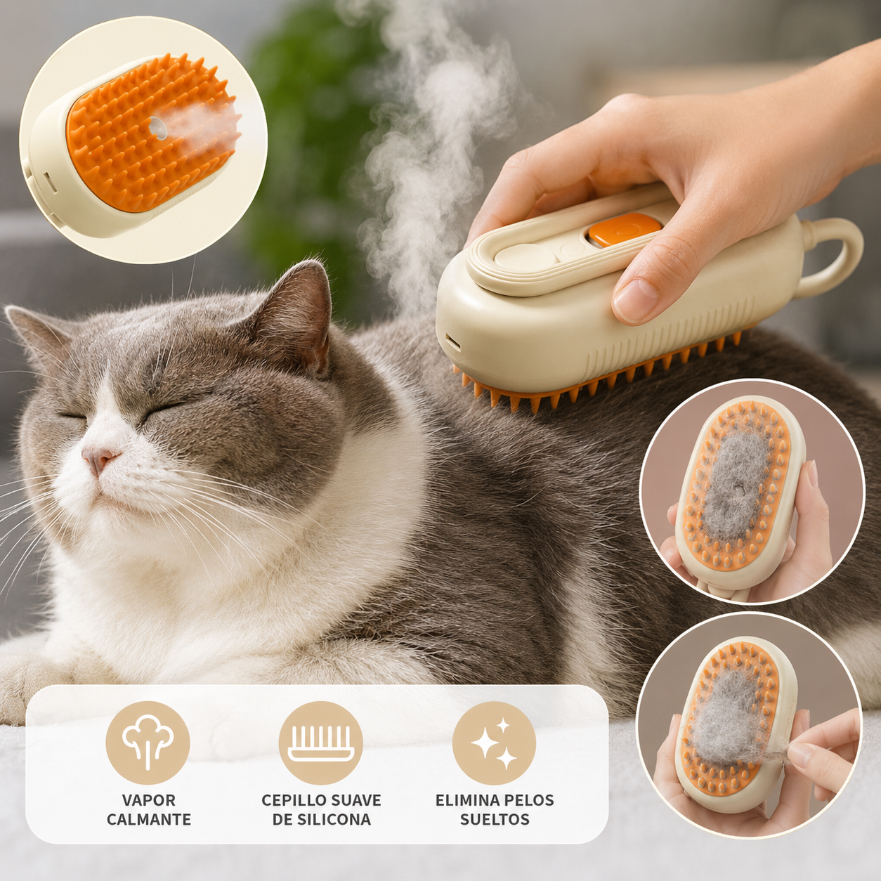 Cepillo con Vapor y Quita Pelos - Cuida eficazmente el pelo de tu mascota.