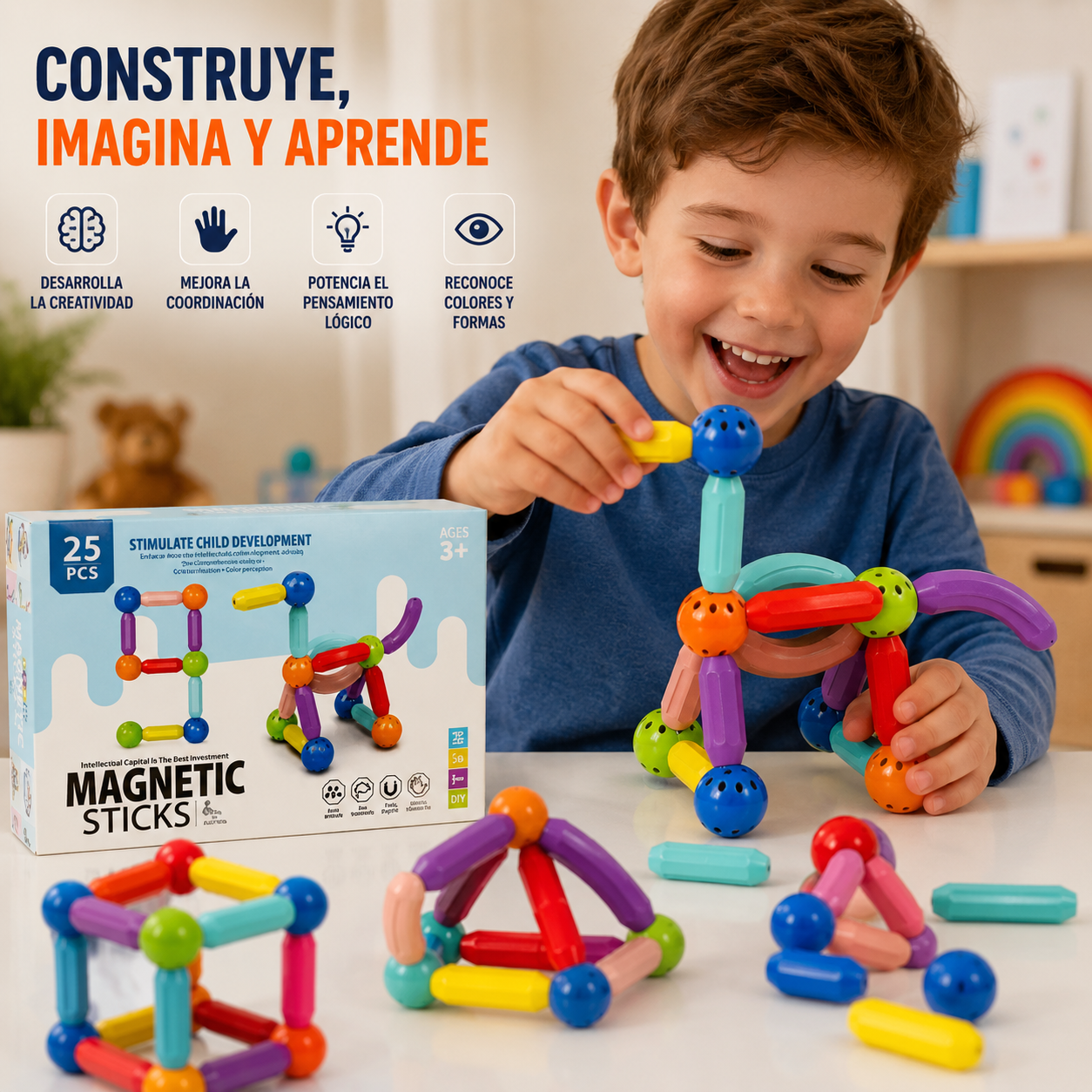 Set Magnético Sticks™ 25 piezas – Construye Figuras Creativas – Estimula la imaginación y el aprendizaje desde el primer día.