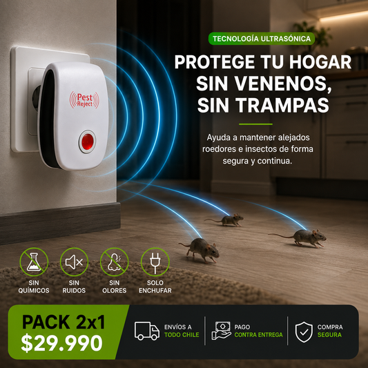Repelente Ultrasónico de Roedores e Insectos - Pack 2x1 - Protege tu hogar en todo momento.