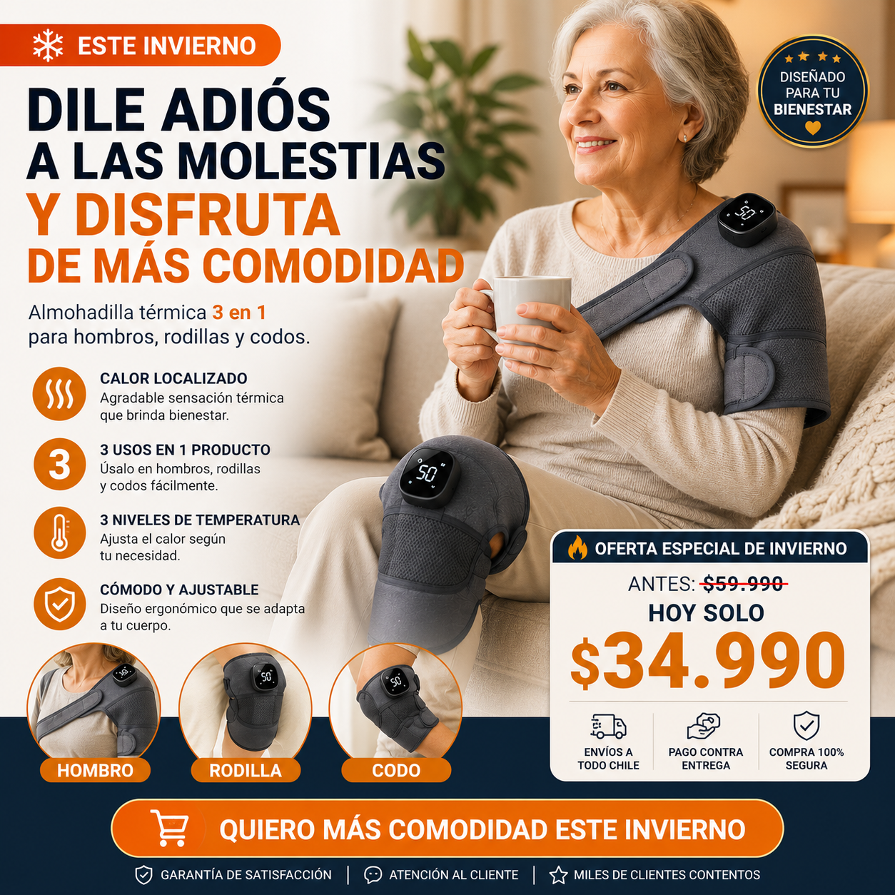 Almohadilla Térmica 3 en 1 - Calor Localizado para Rodilla, Hombro y Codo - Cuida tus articulaciones este invierno.