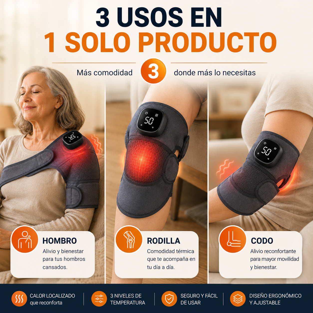 Almohadilla Térmica 3 en 1 - Calor Localizado para Rodilla, Hombro y Codo - Cuida tus articulaciones este invierno.