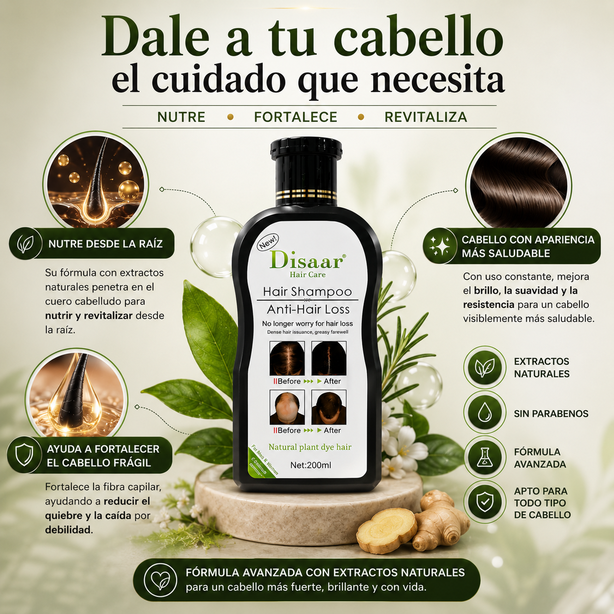 Shampoo Anticaída Hair Care Disaar 200 ml – Fortalece Cabello Frágil – Ayuda a devolver brillo y mejor apariencia día tras día