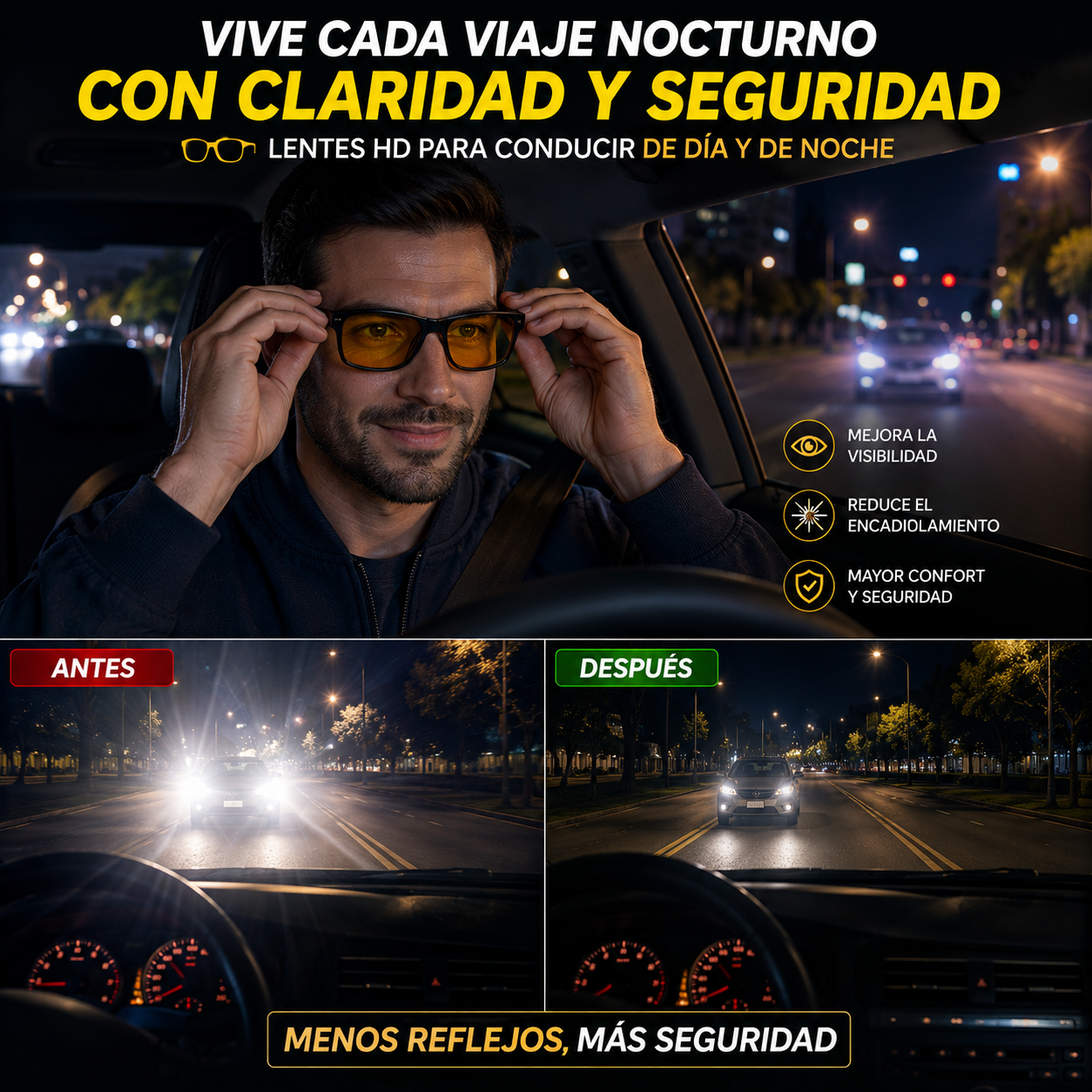 Pack 2x1 Lentes HD para Conducción (Día y Noche) – Reducen el Deslumbramiento Nocturno – Mejora tu visibilidad al volante desde el primer uso