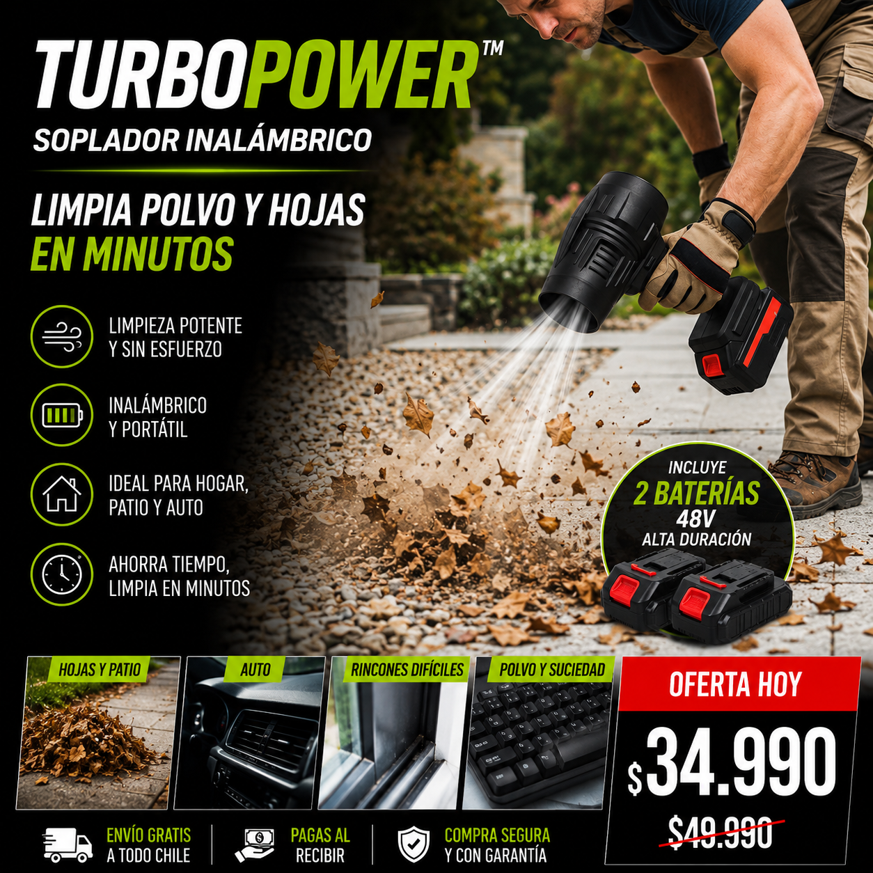 Soplador Inalámbrico TurboPower™ – Limpia Polvo y Hojas – Deja tus espacios limpios en minutos.