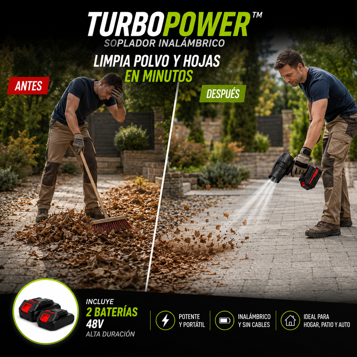 Soplador Inalámbrico TurboPower™ – Limpia Polvo y Hojas – Deja tus espacios limpios en minutos.