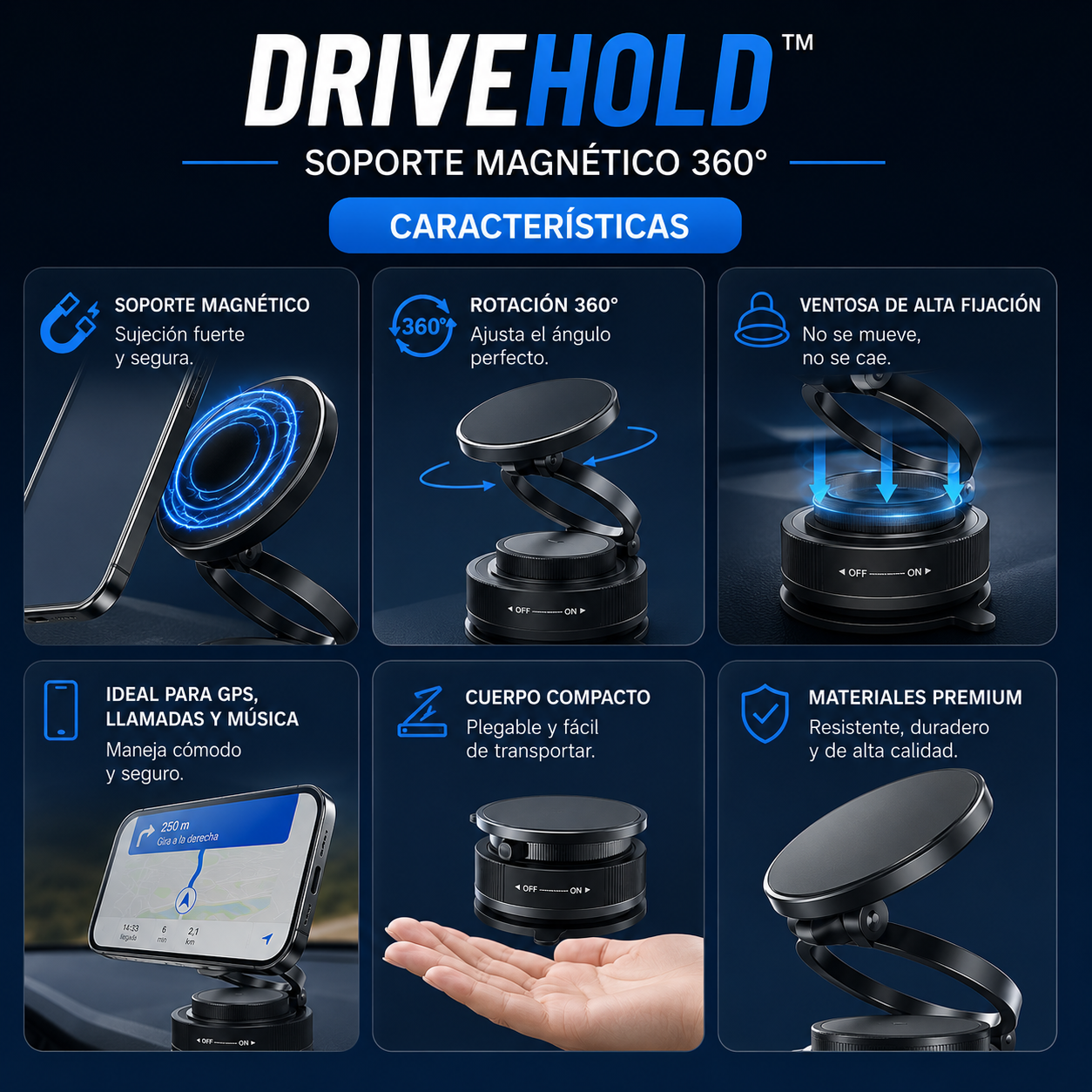 DriveHold™ – Soporte Magnético 360° – Mantén tu celular firme y visible en cada viaje