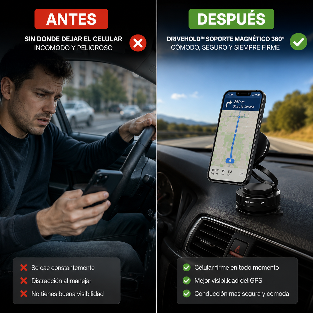 DriveHold™ – Soporte Magnético 360° – Mantén tu celular firme y visible en cada viaje