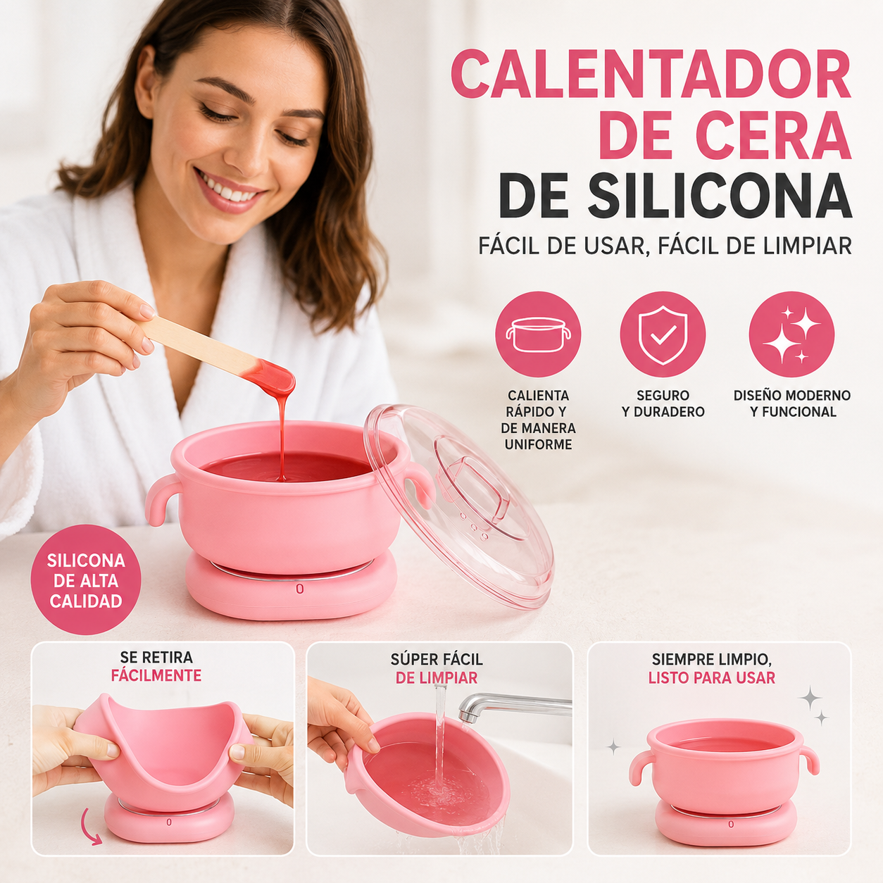 Calentador de Cera Flexible WaxEase™ – Calienta y Limpia Fácilmente – Evita recipientes difíciles de limpiar desde el primer uso.