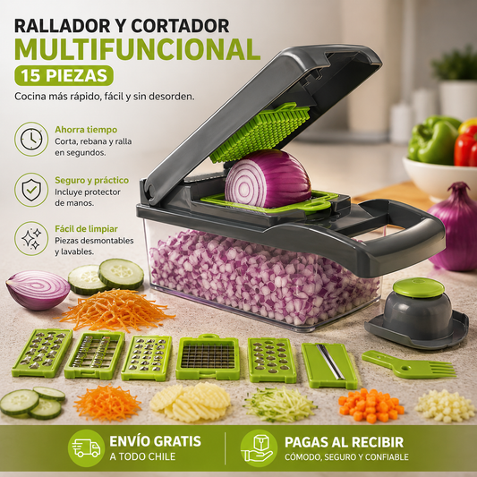 Cortador Multifuncional 15 en 1 - Corta y Ralla en Segundos - Cocina Más Rápido y Sin Desorden
