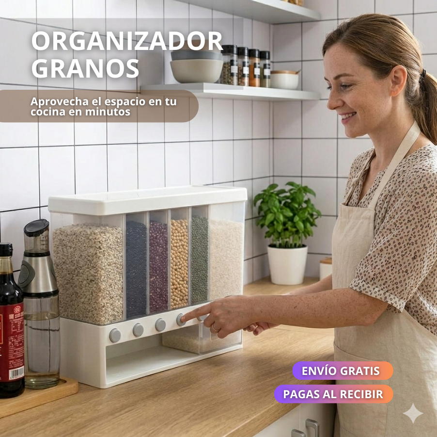 Organizador de Granos 6 Compartimentos – Ahorra Espacio en tu Cocina – Mantén Todo Ordenado en Minutos