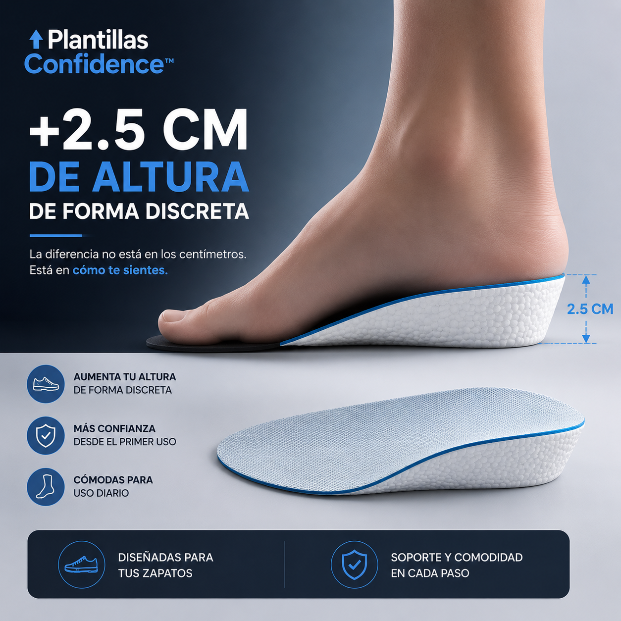 Plantillas Confidence™ Aumentan tu altura de forma discreta • Gana presencia y confianza desde el primer uso.