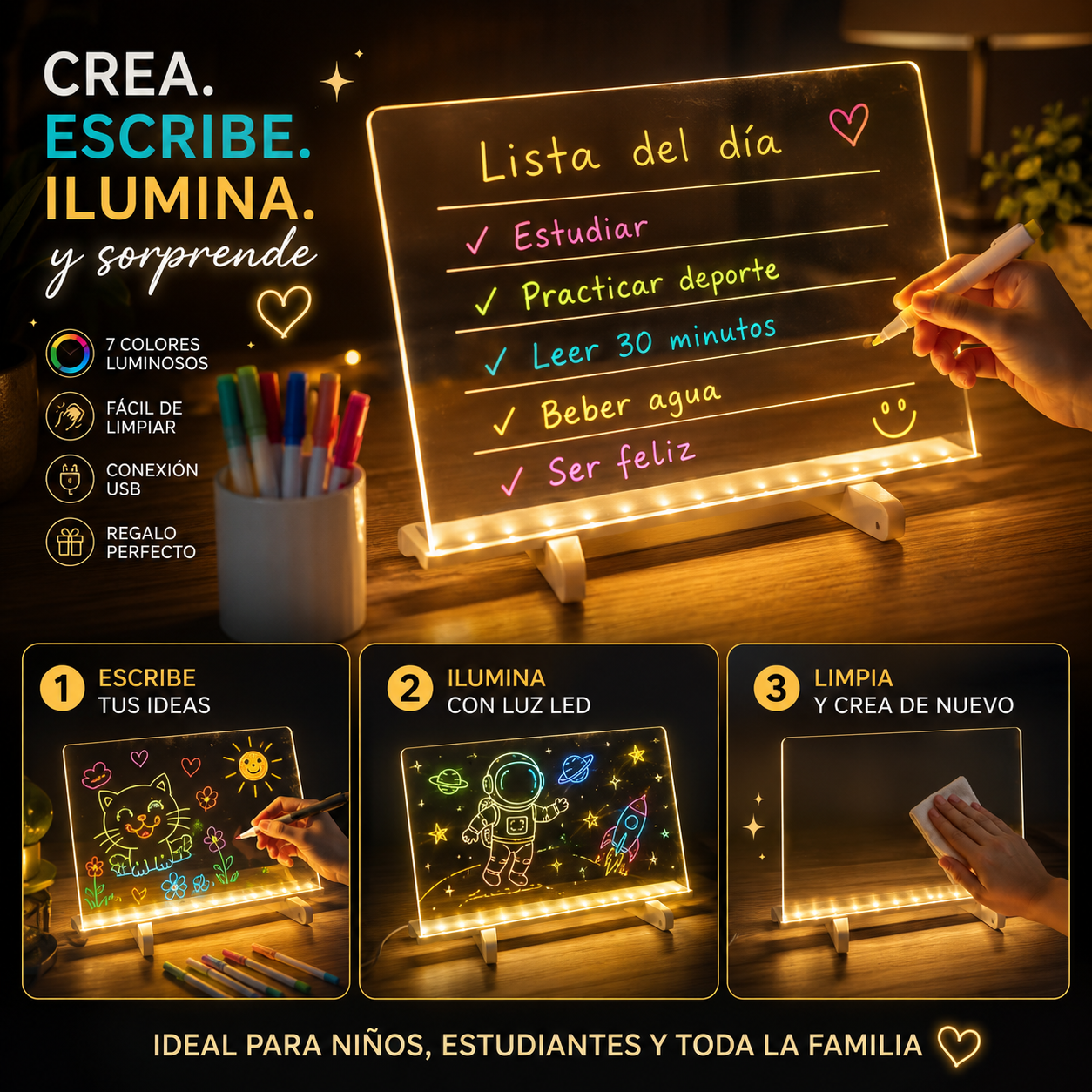 Tablero Acrílico DreamLight™ – Escribe y Dibuja con Luz – Convierte cualquier espacio en un rincón creativo y único