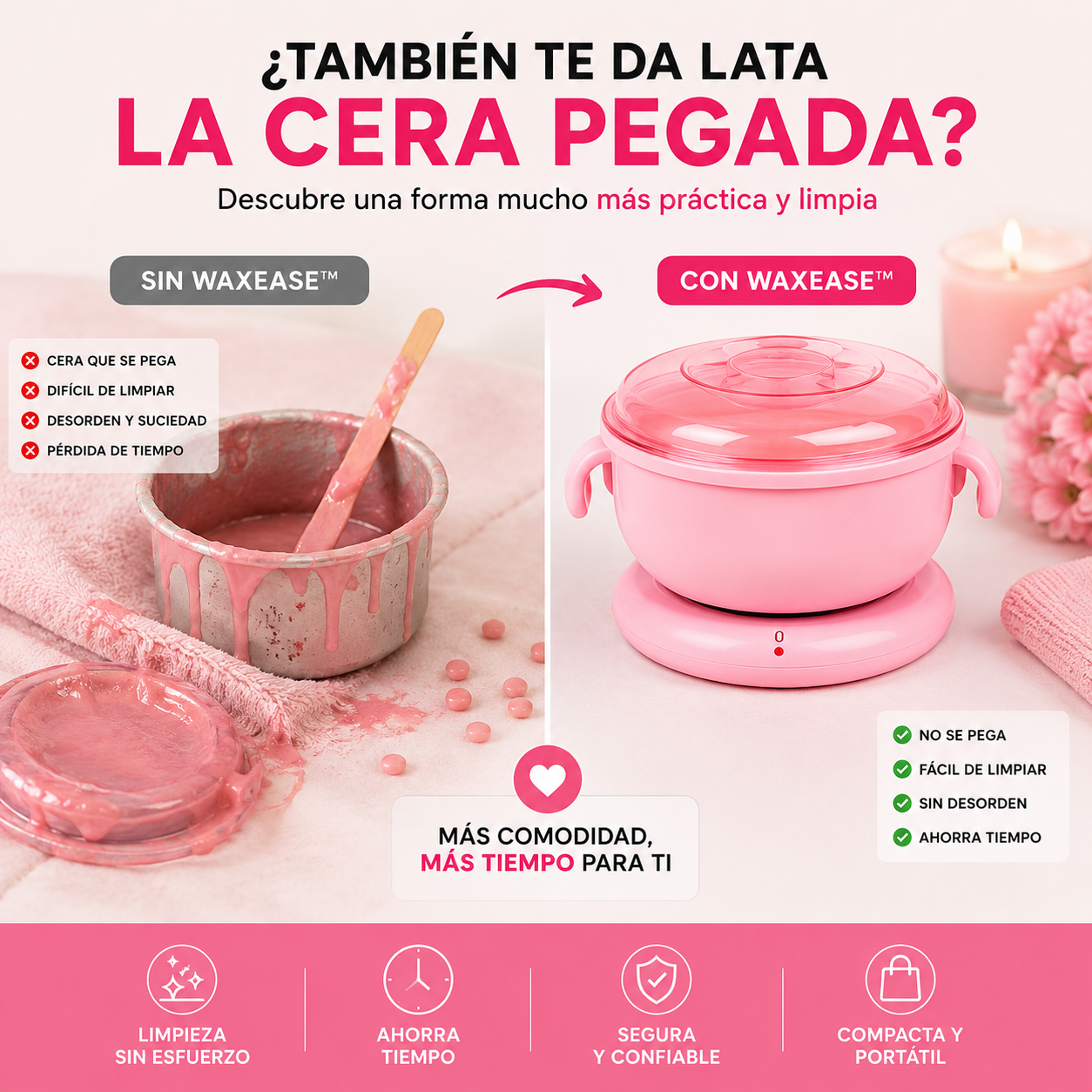 Calentador de Cera Flexible WaxEase™ – Calienta y Limpia Fácilmente – Evita recipientes difíciles de limpiar desde el primer uso.