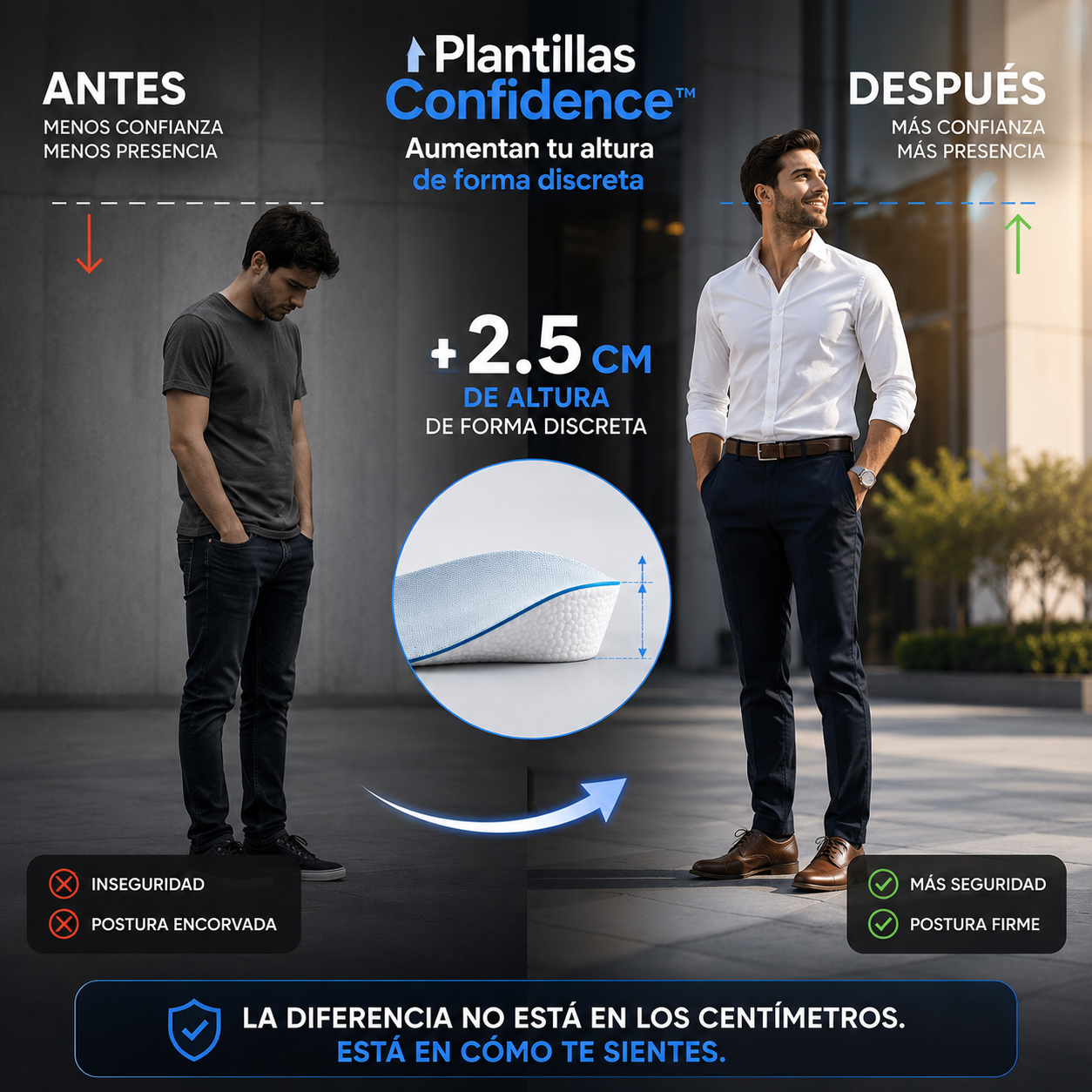 Plantillas Confidence™ Aumentan tu altura de forma discreta • Gana presencia y confianza desde el primer uso.