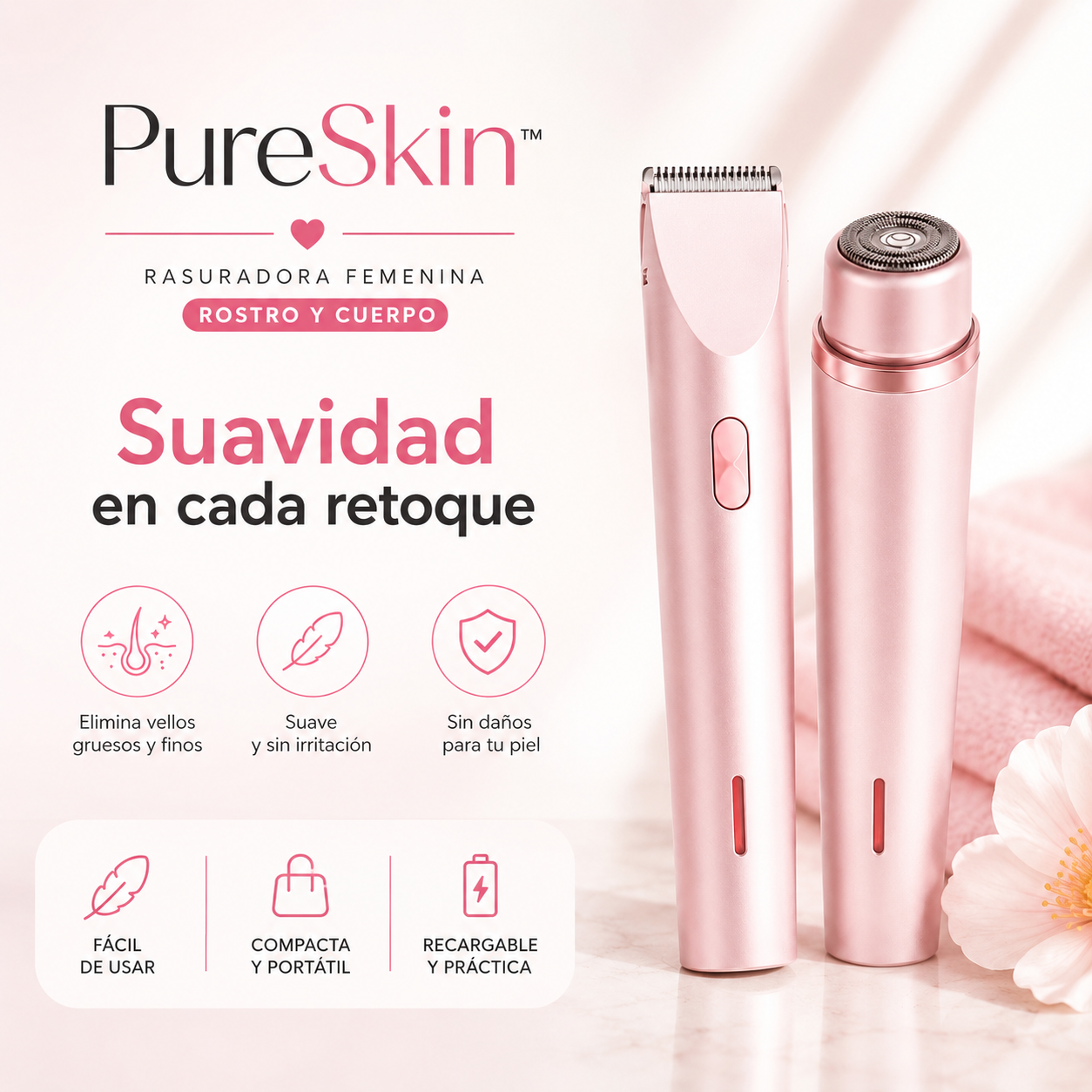 PureSkin™– Rasuradora Femenina Rostro y Cuerpo – Suavidad y precisión para tu cuidado diario