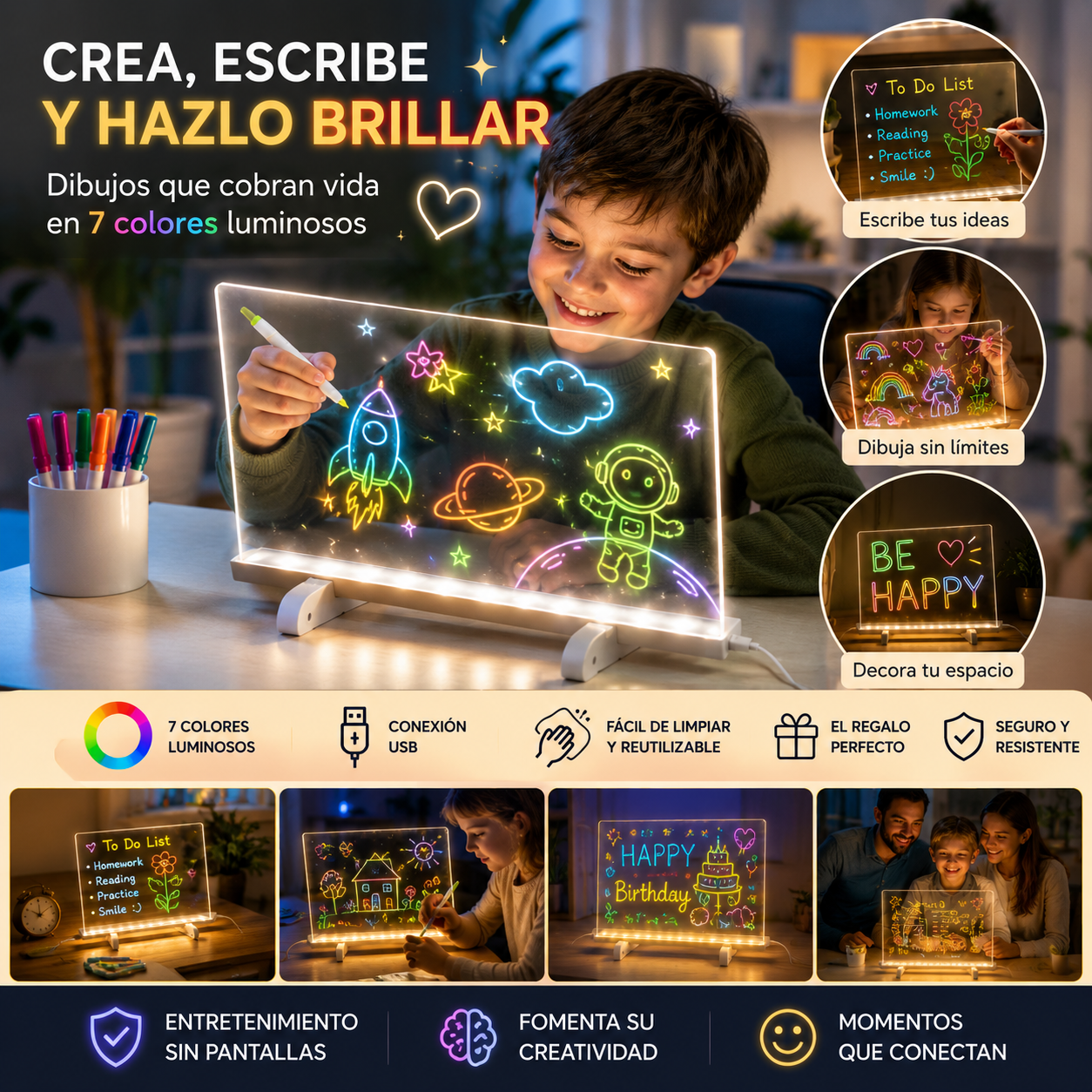 Tablero Acrílico DreamLight™ – Escribe y Dibuja con Luz – Convierte cualquier espacio en un rincón creativo y único