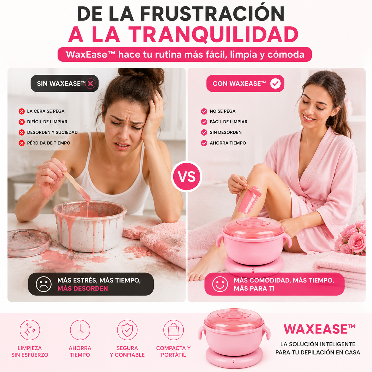 Calentador de Cera Flexible WaxEase™ – Calienta y Limpia Fácilmente – Evita recipientes difíciles de limpiar desde el primer uso.