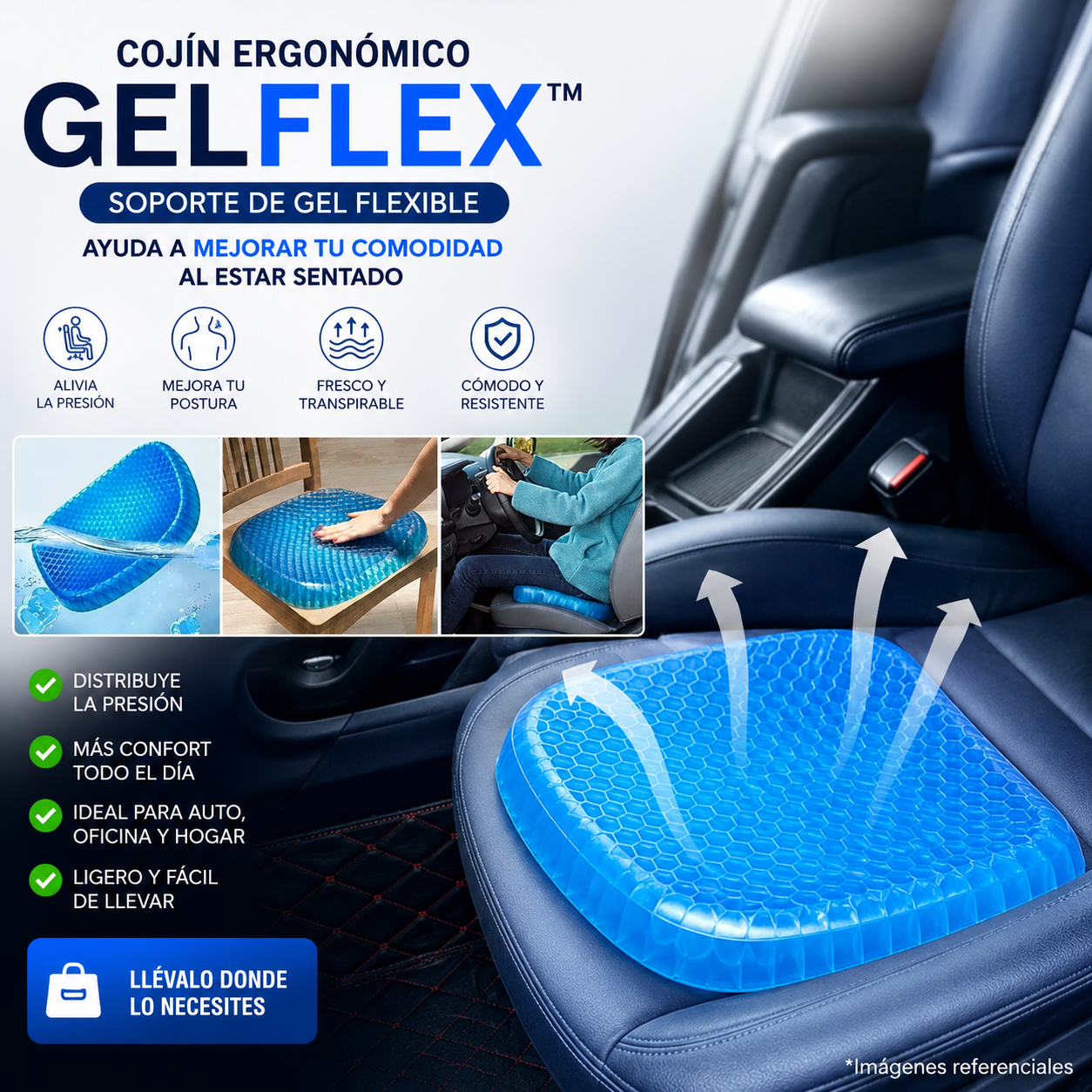 Cojín Ergonómico GelFlex™ – Soporte de Gel Flexible – Ayuda a mejorar tu comodidad al estar sentado