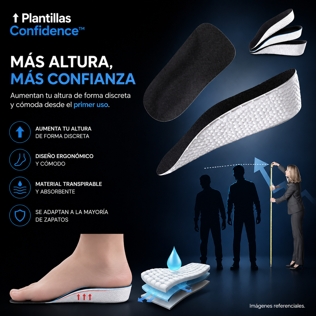 Plantillas Confidence™ Aumentan tu altura de forma discreta • Gana presencia y confianza desde el primer uso.