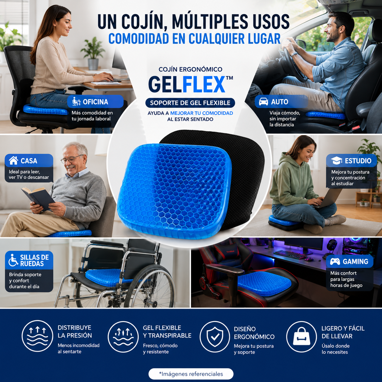 Cojín Ergonómico GelFlex™ – Soporte de Gel Flexible – Ayuda a mejorar tu comodidad al estar sentado